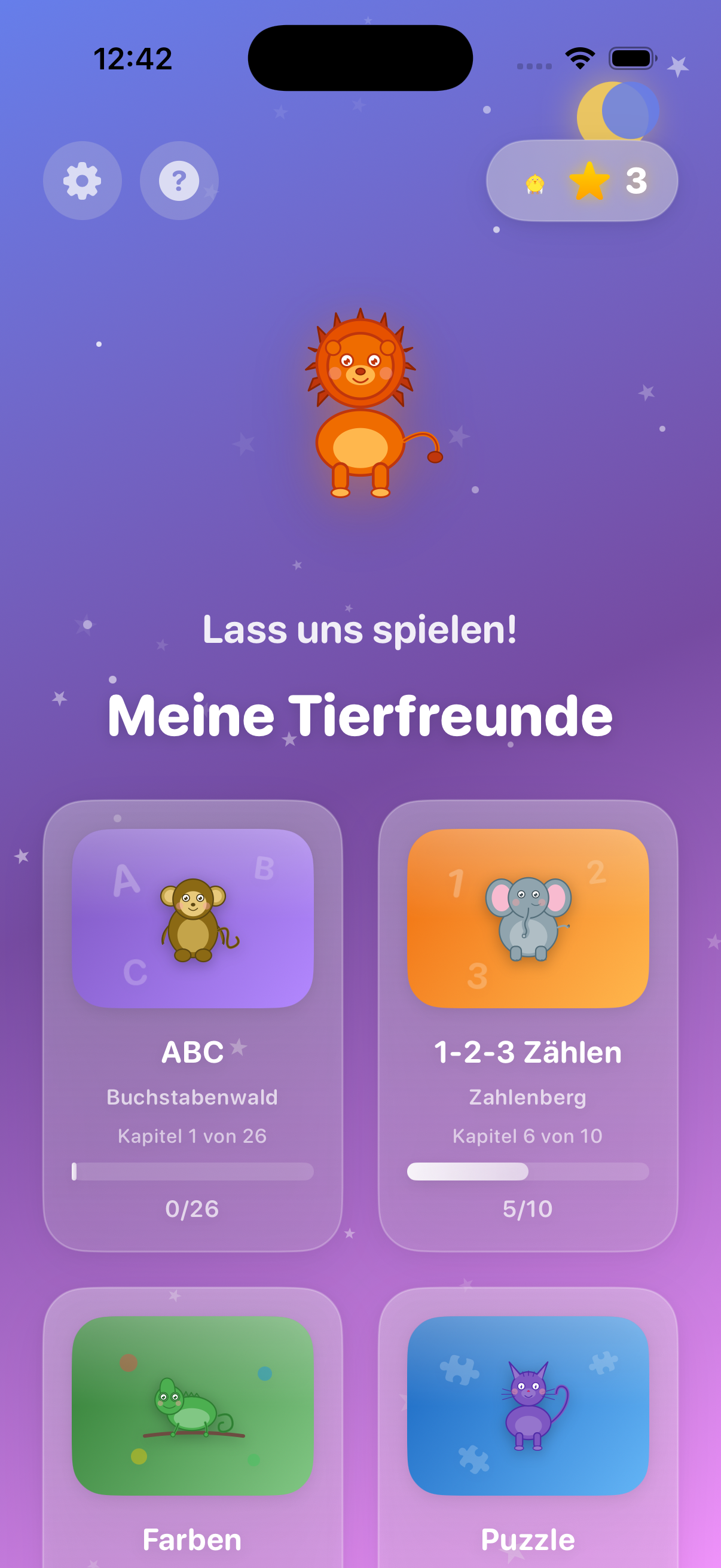 Hauptmenü mit vier Lernmodulen